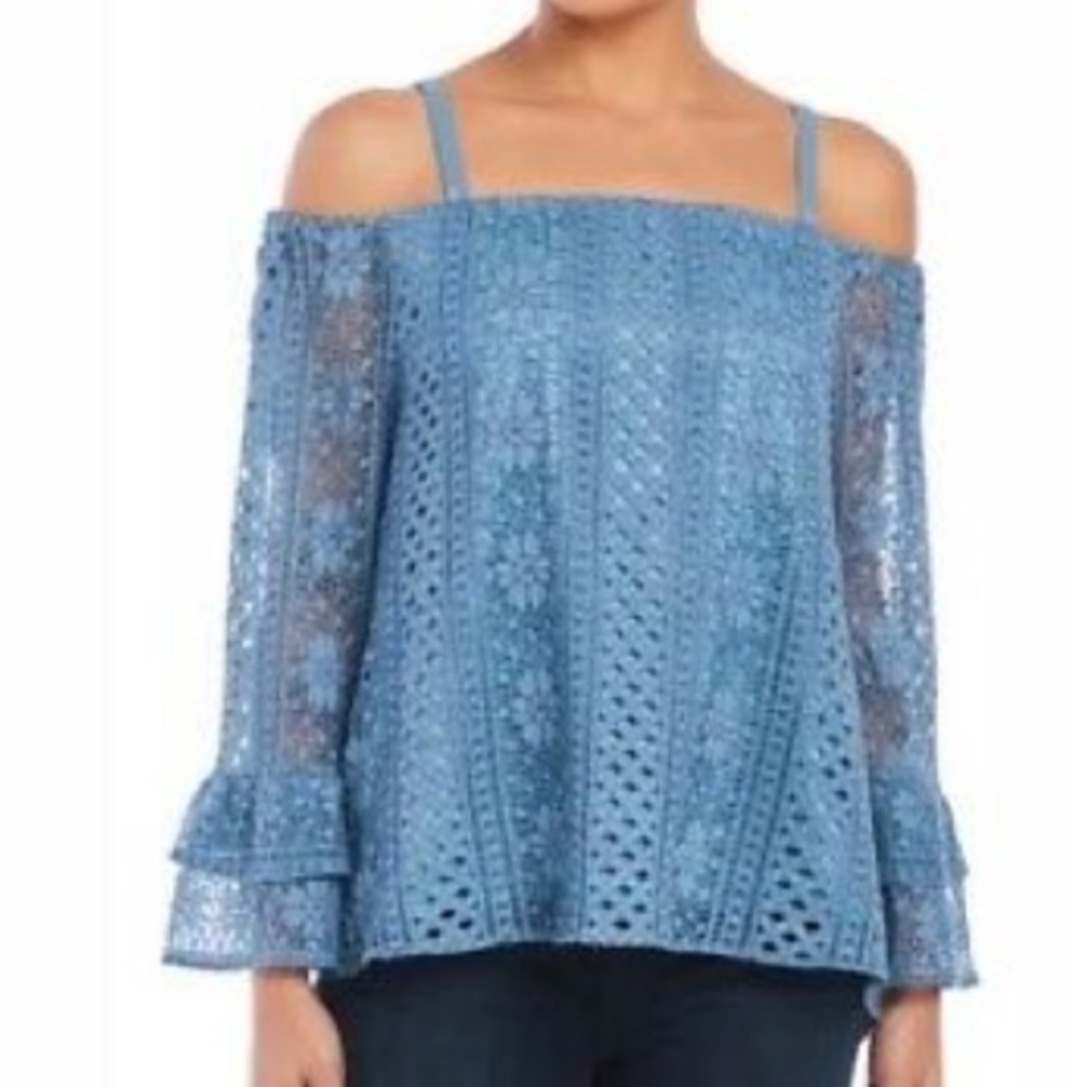 Parker Off the Shoulder Blue Lace Top!